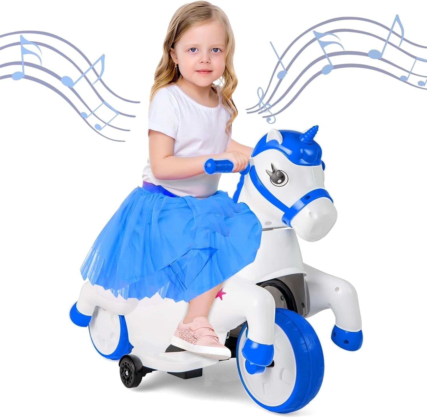 OLAKIDS 2 in 1 Ride on Motorcycle and Horse, Unicorn 6V Battery Powered Ride on Toy with Up & Down Function, MP3, Power Display, Training Wheels, Kids Electric Vehicle Aged 3-6 Years