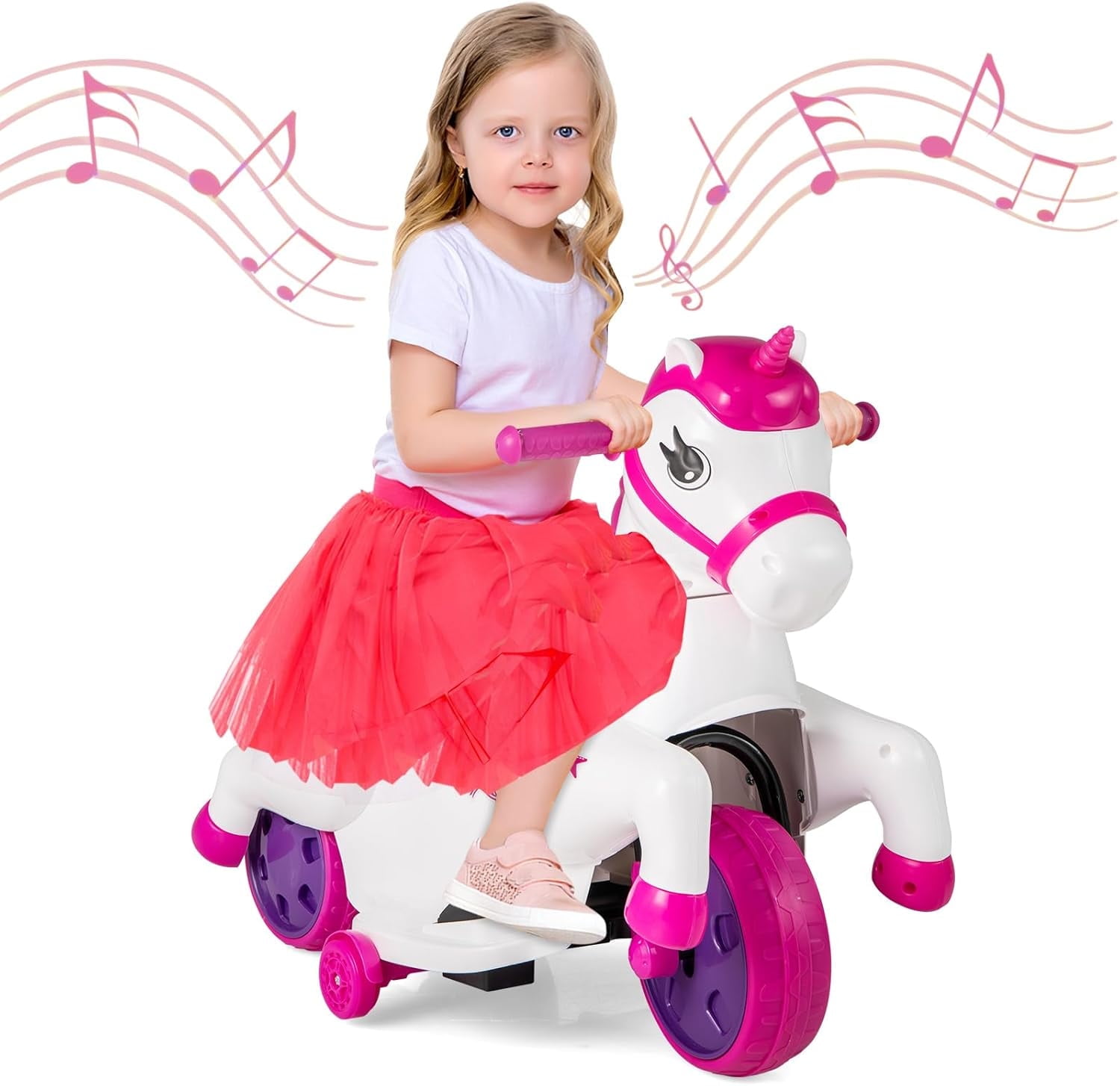 OLAKIDS 2 in 1 Ride on Motorcycle and Horse, Unicorn 6V Battery Powered Ride on Toy with Up & Down Function, MP3, Power Display, Training Wheels, Kids Electric Vehicle Aged 3-6 Years