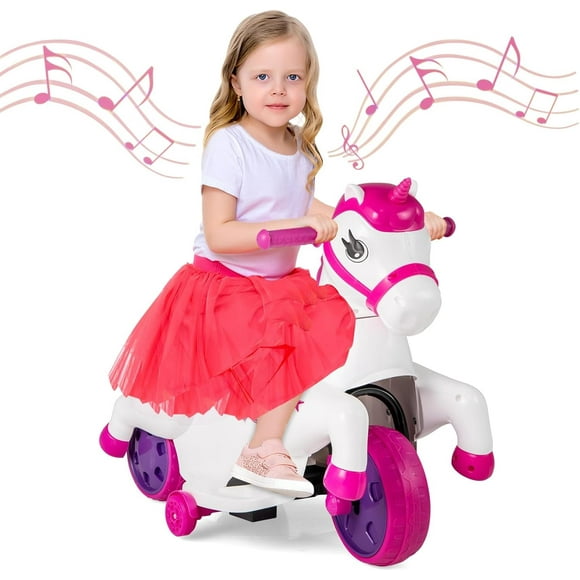 OLAKIDS 2 in 1 Ride on Motorcycle and Horse, Unicorn 6V Battery Powered Ride on Toy with Up & Down Function, MP3, Power Display, Training Wheels, Kids Electric Vehicle Aged 3-6 Years