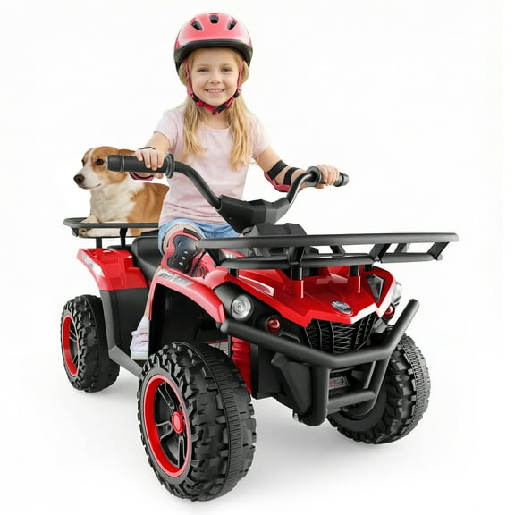 OLAKIDS 24V Kids ATV Quad with 5Mph Max Speed, Spring Suspension, LED Lights, Music & Story Player, Big Tires, 2 Storage Spaces, Ride On Car for Boys Girls Ages 3+