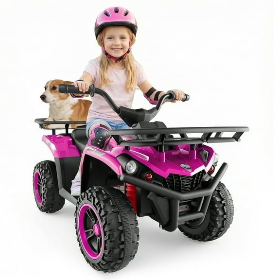 OLAKIDS 24V Kids ATV Quad with 5Mph Max Speed, Spring Suspension, LED Lights, Music & Story Player, Big Tires, 2 Storage Spaces, Ride On Car for Boys Girls Ages 3 