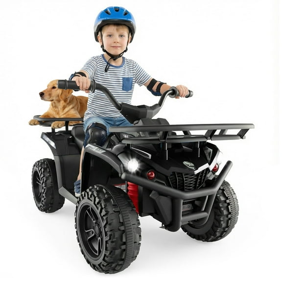 OLAKIDS 24V Kids ATV Quad with 5Mph Max Speed, Spring Suspension, LED Lights, Music & Story Player, Big Tires, 2 Storage Spaces, Ride On Car for Boys Girls Ages 3+