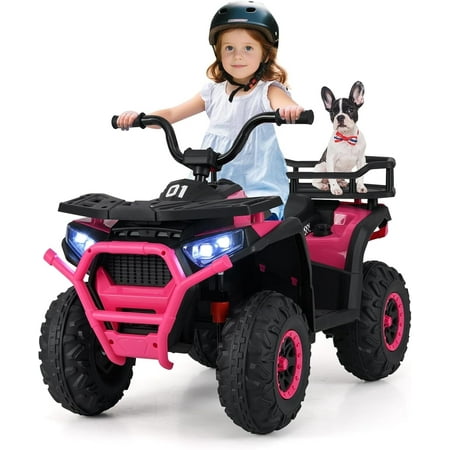 OLAKIDS 24V Ride on Car, Kids ATV with Bluetooth, Music, LED Lights, Power Display, Rear Storage Rack, Spring Suspension, Electric 4 Wheeler for Kids Boys Girls Aged 3+ Years