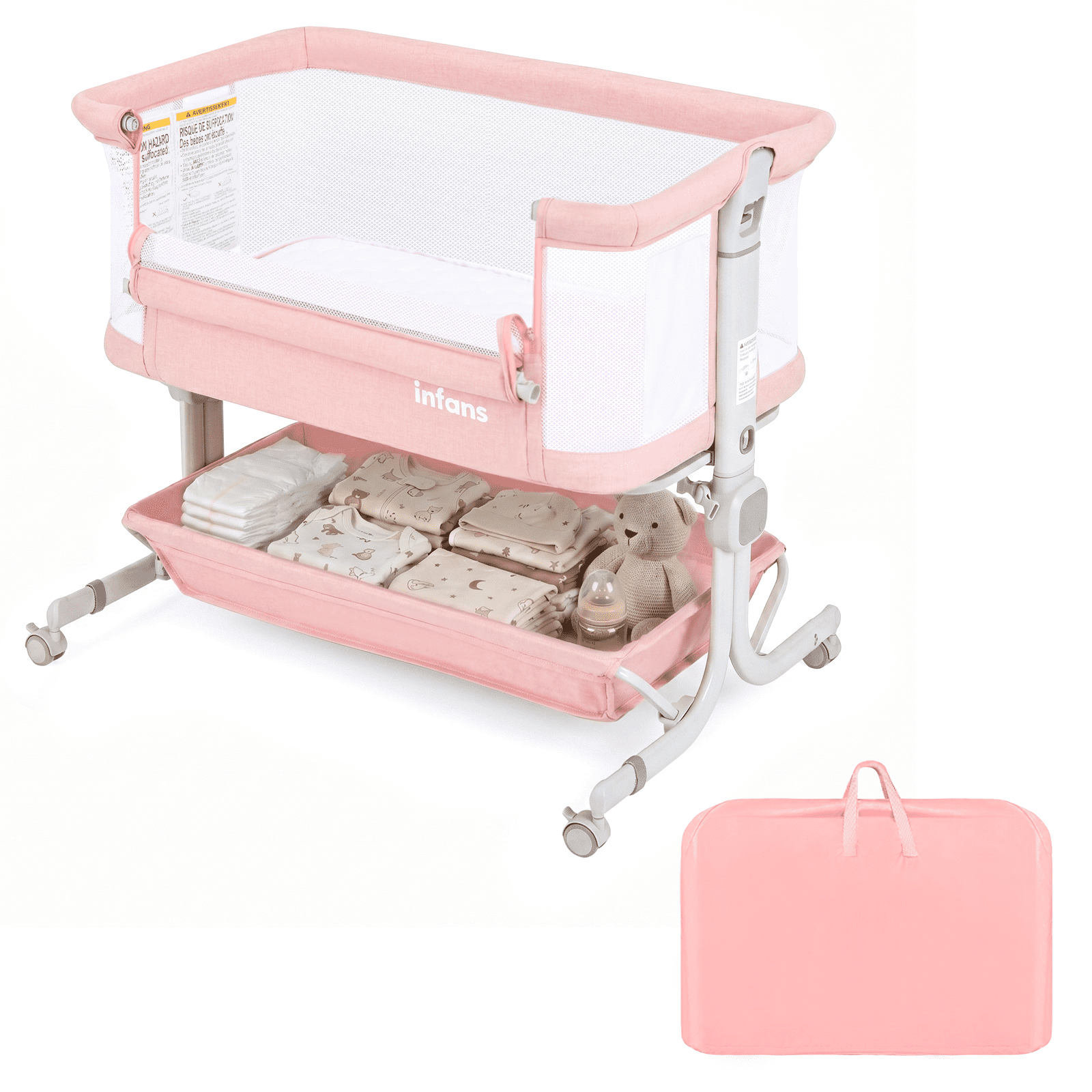OLAKIDS 3-in-1 Baby Bassinet, Bedside Sleeper with Comfy Mattress, Wheels, 6 Height Adjustable, Storage Basket, Travel Bag, Portable All Mesh Crib for Newborn Infant (Pink)