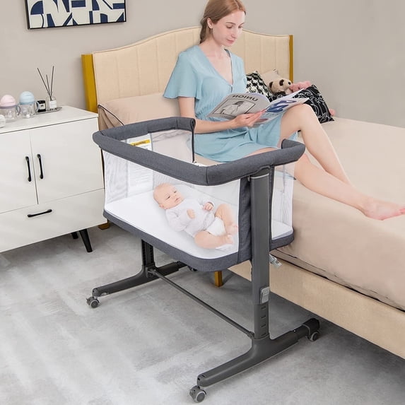 INFANS 3 in 1 Baby Bassinet Bedside Sleeper for Newborn, Folding Crib with Mattress, Travel Bag, Wheels, 4-Sided Mesh, Cradle Co Sleeper Stationary, Rock