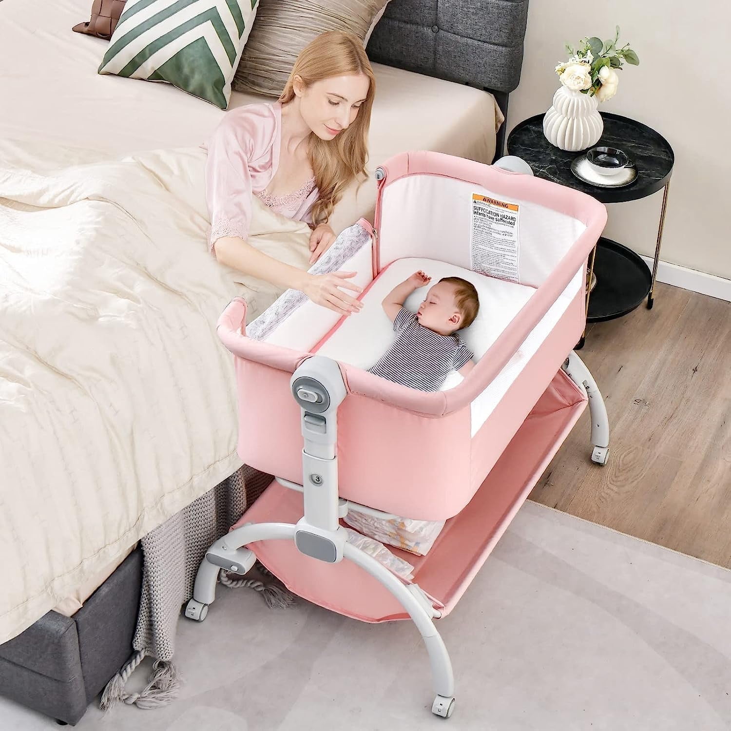 INFANS 3 in 1 Baby Bassinet, Folding Bedside Sleeper Crib with Mattress Pad, Height Angle Adjustable, Portable Rocking Cradle with Wheels Storage Basket Travel Bag for Infant Newborn (Pink)