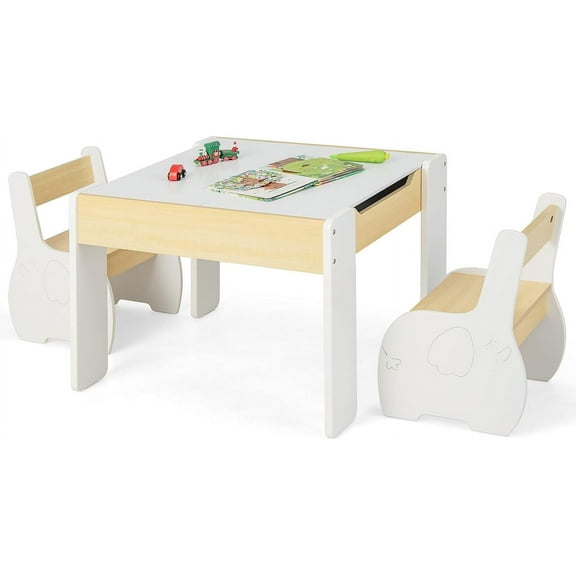 OLAKIDS 3 in 1 Kids Table and Chair Set, Wood Multi Activity Table with Removable Tabletop, Detachable Blackboard for Toddler Playing Drawing Arts Crafts,3 PCS Children Furniture with Storage (White)