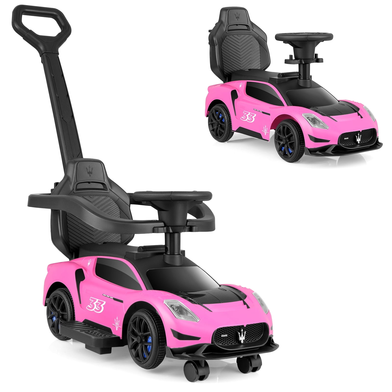 OLAKIDS 3 in 1 Push Car for Toddlers, Licensed Maserati Baby Stroller Sliding Walking Car with Push Handle, Horn, Music, Underneath Storage, Foot-to-Floor Ride on Toys for Boys Girls