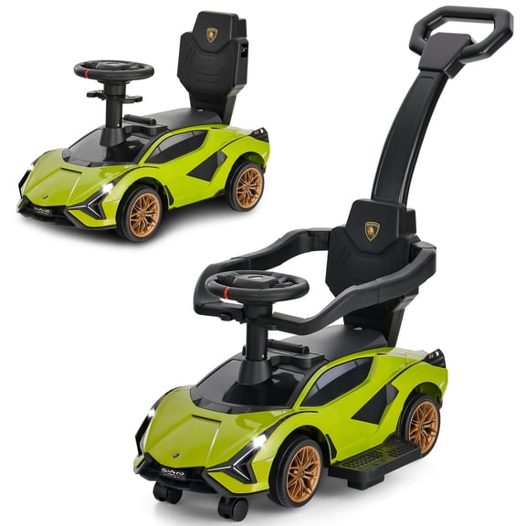OLAKIDS 3 In 1 Ride on Push Car, Licensed Lamborghini Stroller Sliding Walking Car with Push Handle, Music, USB, Headlight, Under Seat Storage, Kids Foot-to-Floor Toy for 18-60 Months