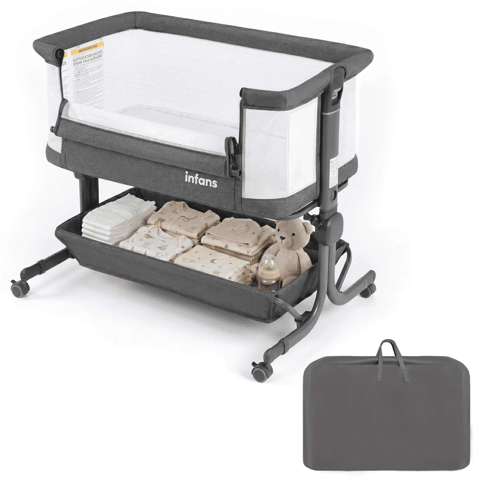OLAKIDS 3-in-1 Baby Bassinet, Bedside Sleeper with Comfy Mattress, Wheels, 6-Height Adjustable, Storage Basket, Travel Bag, Portable Mesh Crib, Gray