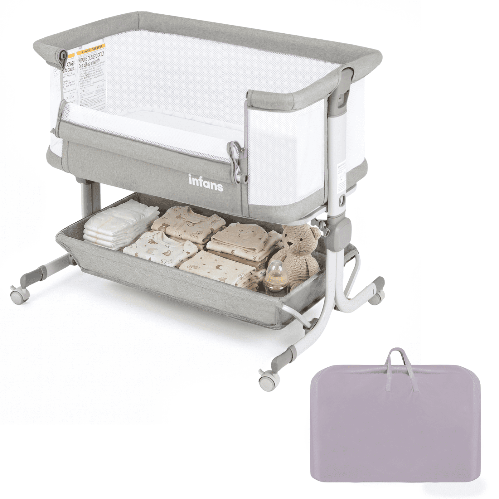 OLAKIDS 3-in-1 Baby Bassinet, Bedside Sleeper with Comfy Mattress, Wheels, 6-Height Adjustable, Storage Basket, Travel Bag, Portable Mesh Crib, Gray