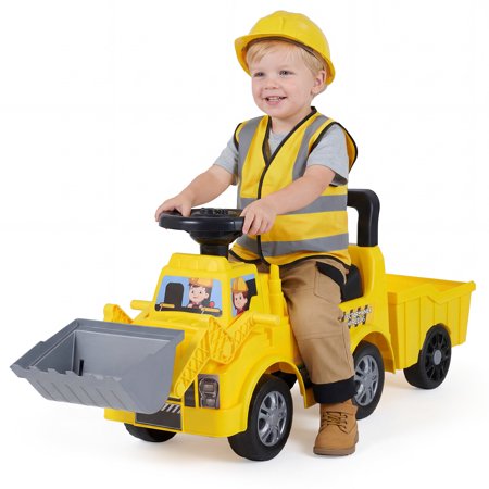OLAKIDS 3-in-1 Ride on Bulldozer with Adjustable Bucket, Detachable Trailer, Under Seat Storage, Engine Sound, Music and Horn, Pretend Play Excavator Construction Toy Car for Toddlers Kids