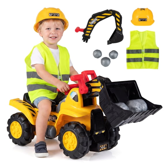 OLAKIDS 3-in-1 Ride On Excavator & Bulldozer, Construction Vehicles for Toddlers with Detachable Bucket, Under Seat Storage, Realistic Sound Effects, 3 Toy Stones, Helmet, Vest