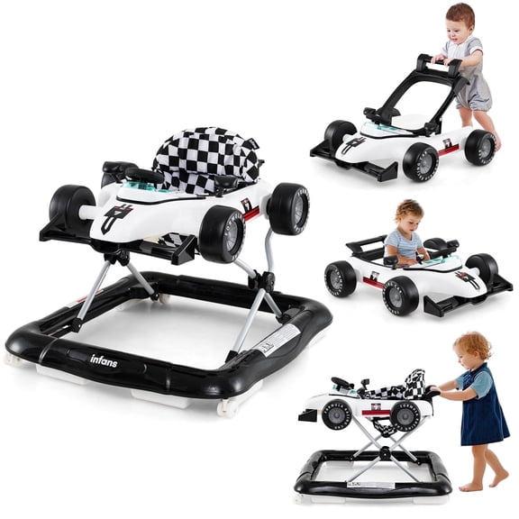 INFANS 4 in 1 Baby Walker, Foldable Toddler Activity Center with Adjustable Height, Padded Seat, Music, Light, Removable Toy Tray, Push Walker for Girls Boys Aged 6-18 Months