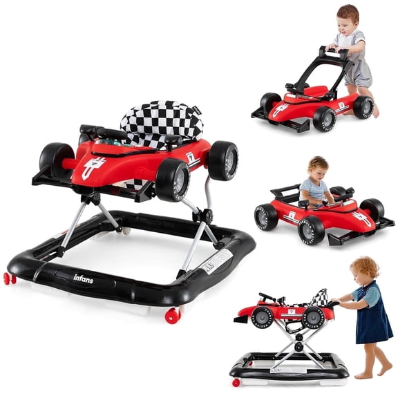 INFANS 4 in 1 Baby Walker, Foldable Toddler Activity Center with Adjustable Height, Padded Seat, Music, Light, Removable Toy Tray, Push Walker for Girls Boys Aged 6-18 Months