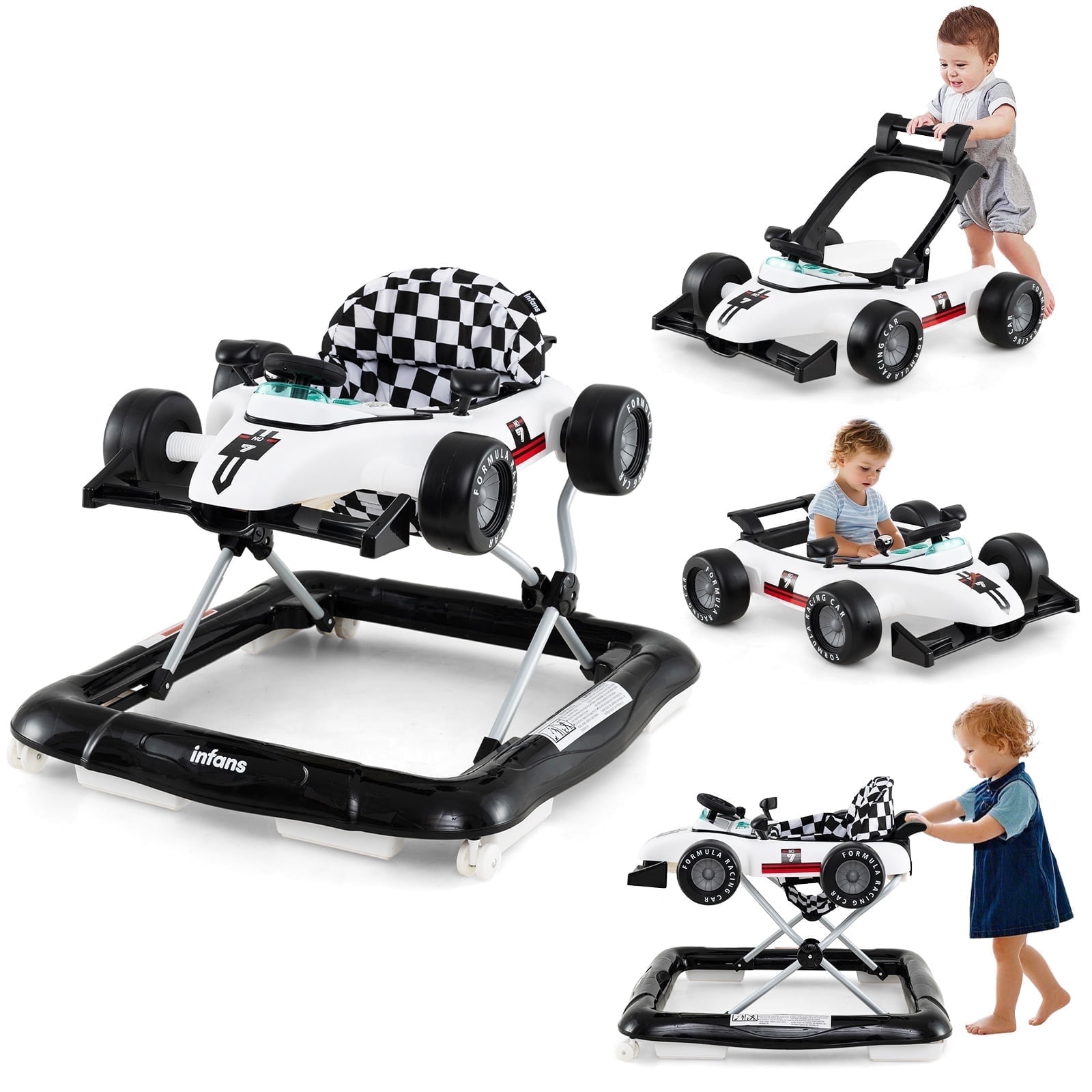 INFANS 4 in 1 Baby Walker, Foldable Toddler Activity Center with Adjustable Height, Padded Seat, Music, Light, Removable Toy Tray, Push Walker for Girls Boys Aged 6-18 Months