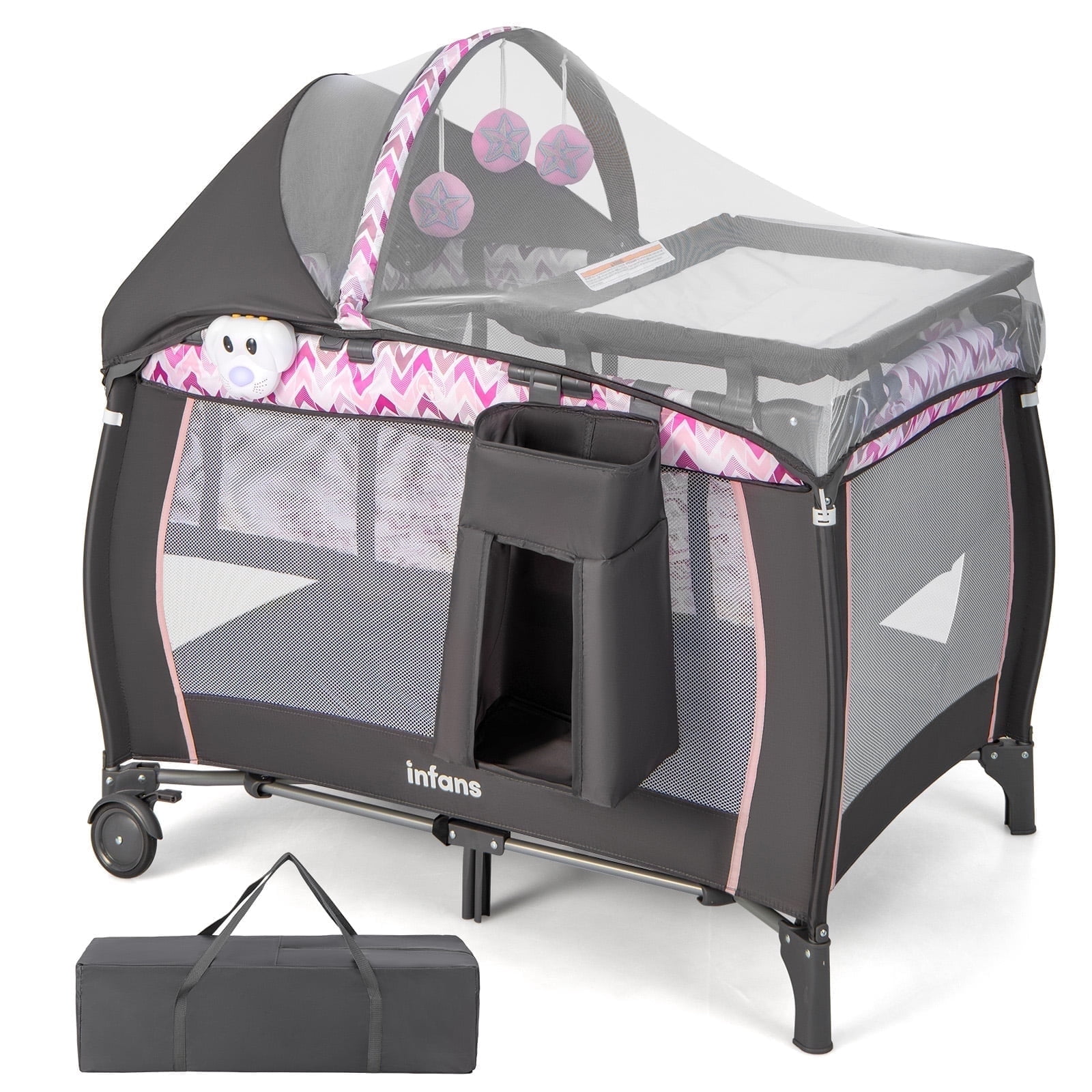 OLAKIDS 4 in 1 Pack and Play, Portable Travel Baby Playard with Bassinet, Changing Table, Canopy, Mosquito Net, Hanging Toys, Music Box, Storage Bag, Large Playpen from Newborn to Toddlers