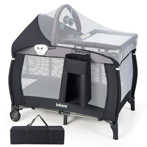 OLAKIDS 4 in 1 Pack and Play, Portable Travel Baby Playard with Bassinet, Changing Table, Canopy, Mosquito Net, Hanging Toys, Music Box, Storage Bag, Large Playpen from Newborn to Toddlers