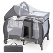 INFANS 4 in 1 Pack and Play, Portable Travel Baby Playard with Bassinet, Changing Table, Canopy, Mosquito Net, Hanging Toys, Music Box, Storage Bag, Large Playp