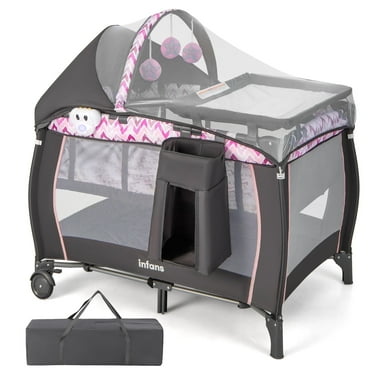 OLAKIDS 4 in 1 Pack and Play, Portable Travel Baby Playard with Bassinet, Changing Table, Canopy, Mosquito Net, Hanging Toys, Music Box, Storage Bag, Large Playpen from Newborn to Toddlers