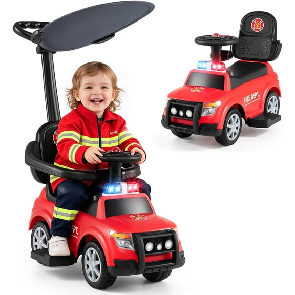 OLAKIDS 4 in 1 Push Car for Toddlers, Kids Ride on Toys Outdoor with Handle, Adjustable Canopy, Headlights, Siren, Music, Horn, Storage for Boys Girls 1-3, Red
