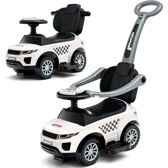 OLAKIDS 4 in 1 Ride on Push Car, Toddlers Stroller Sliding Walking Toy with Horn, Music, Lights, Removable Guardrails and Handle, Underneath Storage, Baby Foot-to-Floor Walker for Boys Girls (White)
