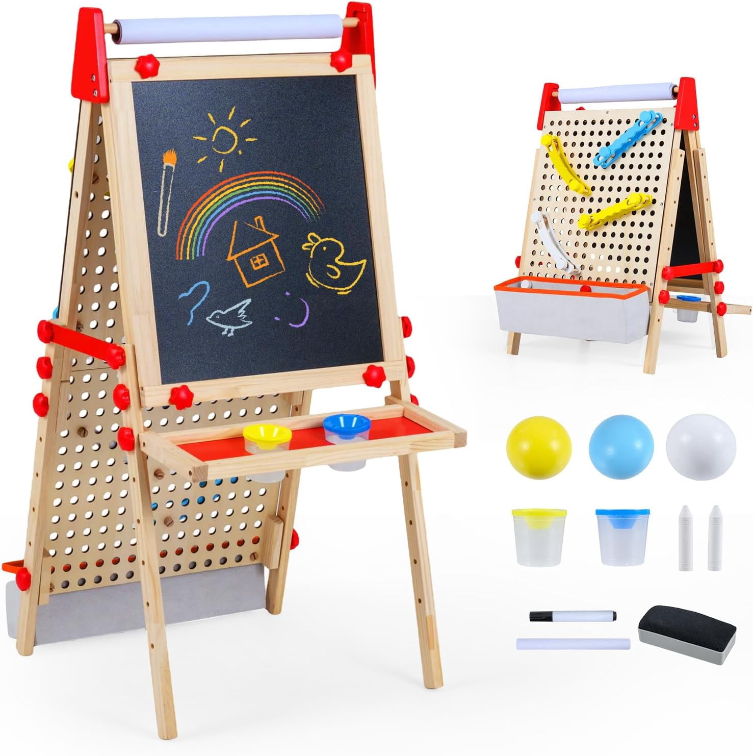 OLAKIDS 4 in 1 Easel for Kids with Marble Run, Magnetic Whiteboard, Chalkboard, Drawing Paper Roll, 6-Level Adjustable Height for Toddlers Ages 3-10