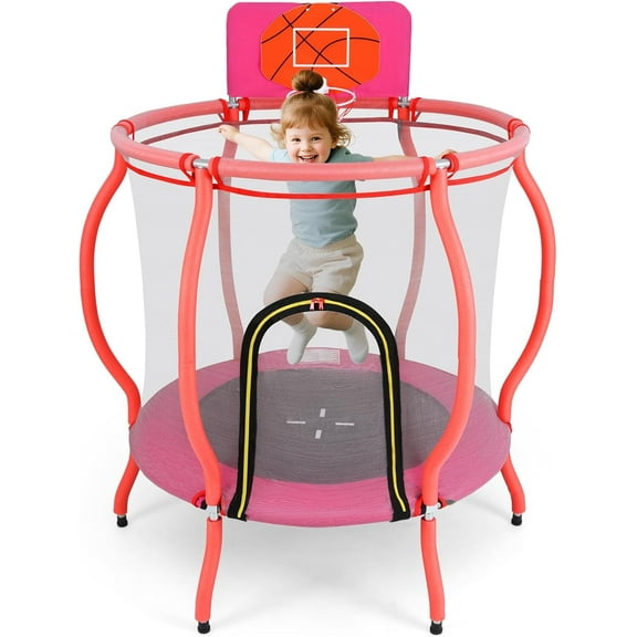 OLAKIDS 48" Trampoline for Kids, Outdoor Indoor Toddler Trampoline with Safety Enclosure Net Basketball Hoop Anti-Slip Foot Pads Zippered Door, Baby Recreational Trampolines Gift for Backyard