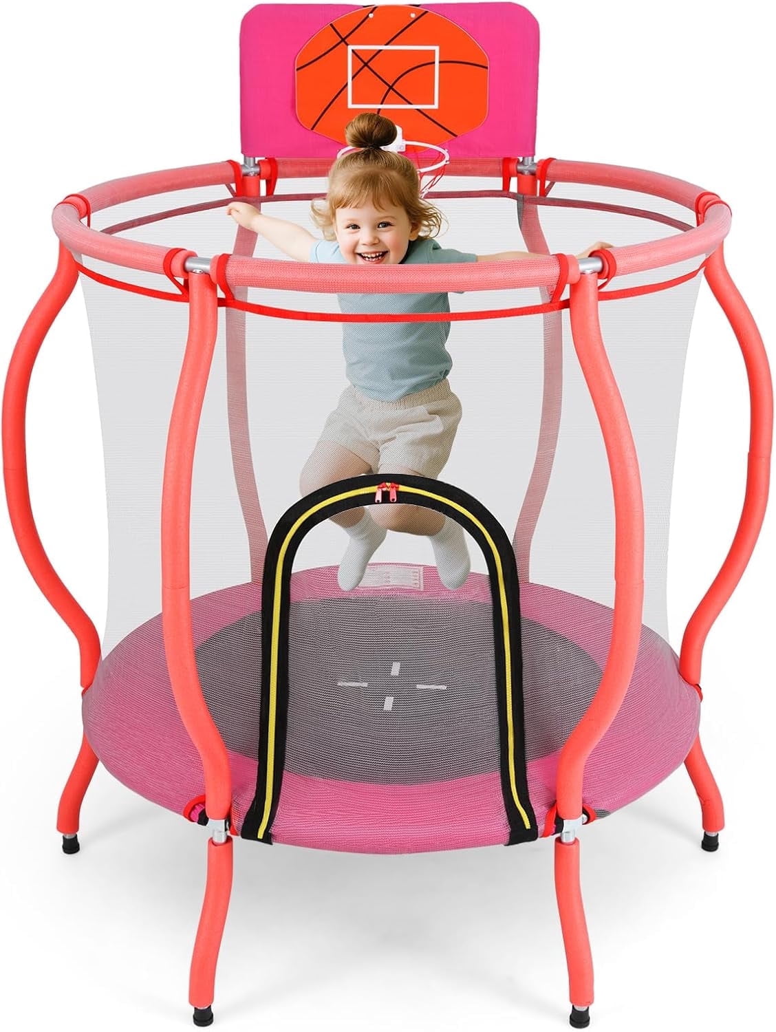OLAKIDS 48" Trampoline for Kids, Outdoor Indoor Toddler Trampoline with Safety Enclosure Net Basketball Hoop Anti-Slip Foot Pads Zippered Door, Baby Recreational Trampolines Gift for Backyard
