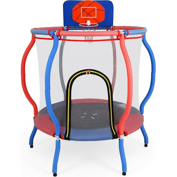 OLAKIDS 48" Trampoline for Kids, Outdoor Indoor Toddler Trampoline with Safety Enclosure Net Basketball Hoop Anti-Slip Foot Pads Zippered Door, Baby Recreational Trampolines Gift for Backyard