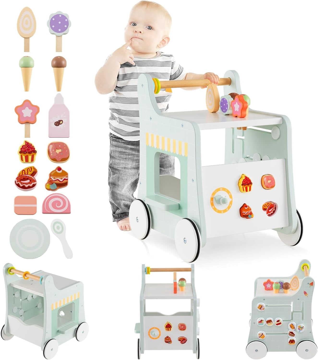 INFANS 6 in 1 Wooden Baby Walker, Play Kitchen Playset, Toddler Push Learning Activity with Wheels Shape Sorter Movable Slider, Montessori Educational Toy for Girls Boys 1-3 Years