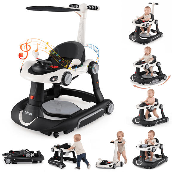 INFANS 6-in-1 Baby Walker, Converts Push Car to Bouncer, Rocker with Music, Lights, Adjustable Height & Speed, Activity Center, Canopy for 7-18 Months
