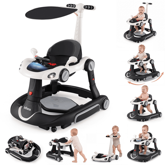 INFANS 6-in-1 Baby Walker, Converts Push Car to Bouncer, Rocker with Music, Lights, Adjustable Height & Speed, Activity Center, Canopy for 7-18 Months