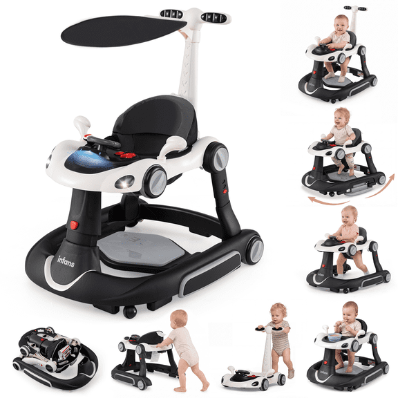 INFANS 6-in-1 Baby Walker, Converts Push Car to Bouncer, Rocker with Music, Lights, Adjustable Height & Speed, Activity Center, Canopy for 7-18 Months