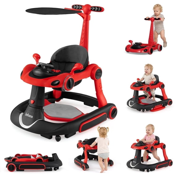 INFANS 6-in-1 Baby Walker, Converts Push Car to Bouncer, Rocker with Music, Lights, Adjustable Height & Speed, Activity Center, Canopy for 7-18 Months