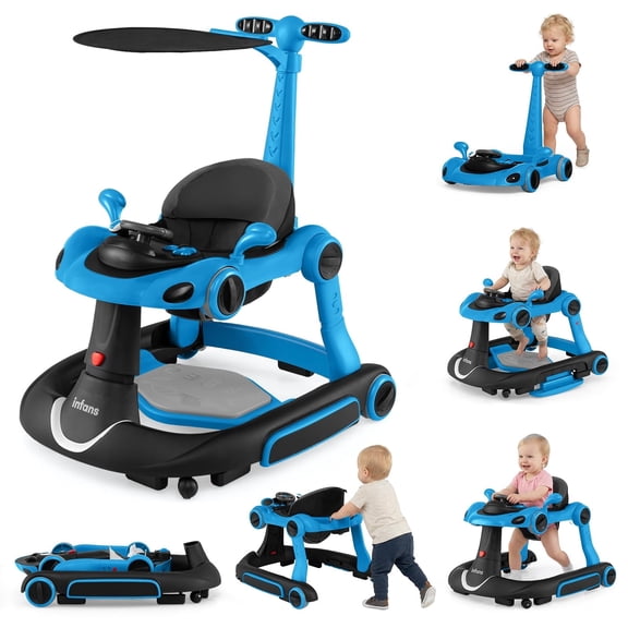 INFANS 6-in-1 Baby Walker, Converts Push Car to Bouncer, Rocker with Music, Lights, Adjustable Height & Speed, Activity Center, Canopy for 7-18 Months