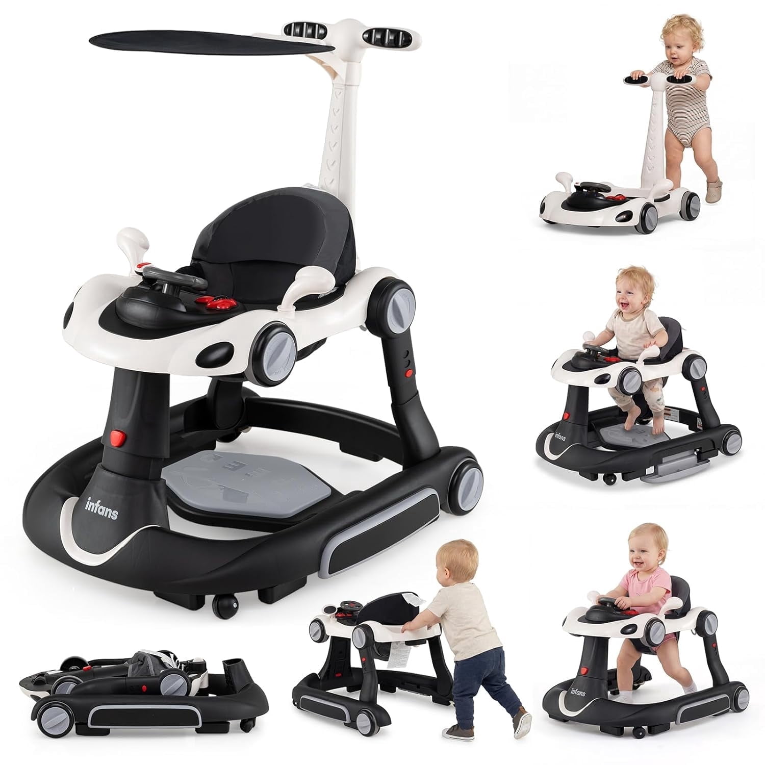 INFANS 6-in-1 Baby Walker, Converts Push Car to Bouncer, Rocker with Music, Lights, Adjustable Height & Speed, Activity Center, Canopy for 7-18 Months