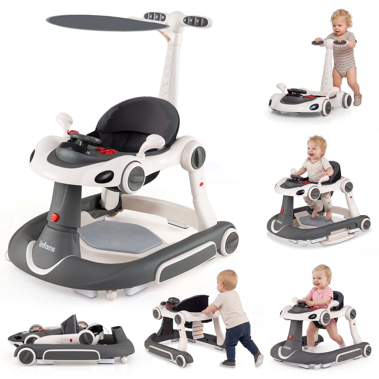 INFANS 6-in-1 Baby Walker, Converts Push Car to Bouncer, Rocker with Music, Lights, Adjustable Height & Speed, Activity Center, Canopy for 7-18 Months