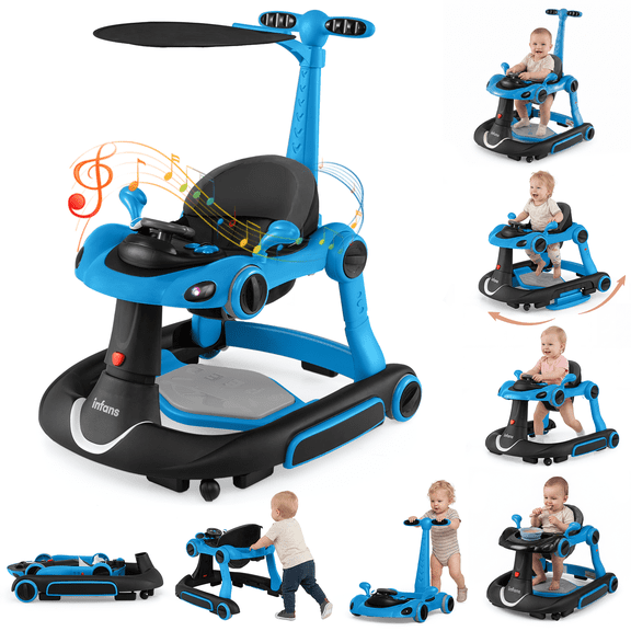 INFANS 6-in-1 Baby Walker, Converts Push Car to Bouncer, Rocker with Music, Lights, Adjustable Height & Speed, Activity Center, Canopy for 7-18 Months