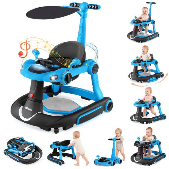 INFANS 6-in-1 Baby Walker, Converts Push Car to Bouncer, Rocker with Music, Lights, Adjustable Height & Speed, Activity Center, Canopy for 7-18 Months