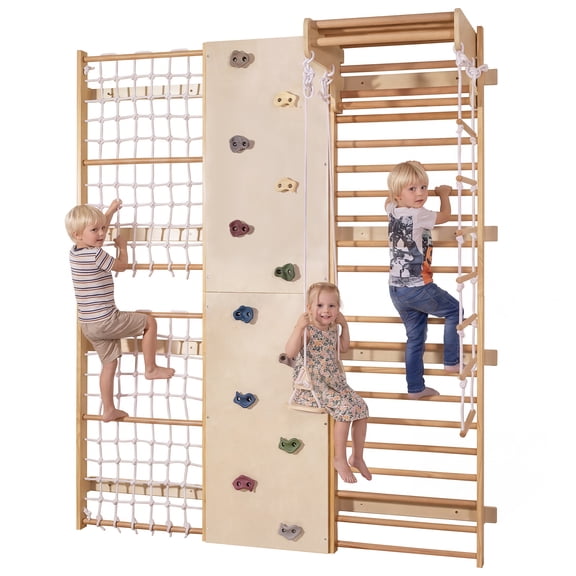 OLAKIDS 6 in 1 Toddler Climbing Toys Indoor with Height Adjustable Monkey Bars, Swing and Rope Ladder, Rock Climber, Rope Wall