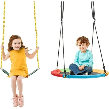 2 Seat Swing Stand Set, Kids Toddler Toy Adjustable Saucer Swing and Heavy Duty Belt Swing Seat for Indoor Outdoor Activity, Play Set for Children Adults at Backyard Playground