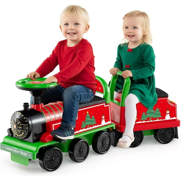 OLAKIDS 6V 2-Seater Ride on Train with Carriage, Storage, Train Whistle, Music, Lights for 18 Months+