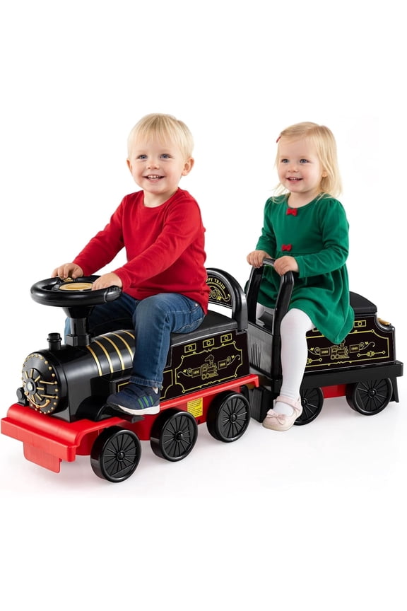 6V 2-Seater Ride on Train with Carriage, Storage, Train Whistle, Music, Lights for 18 Months+