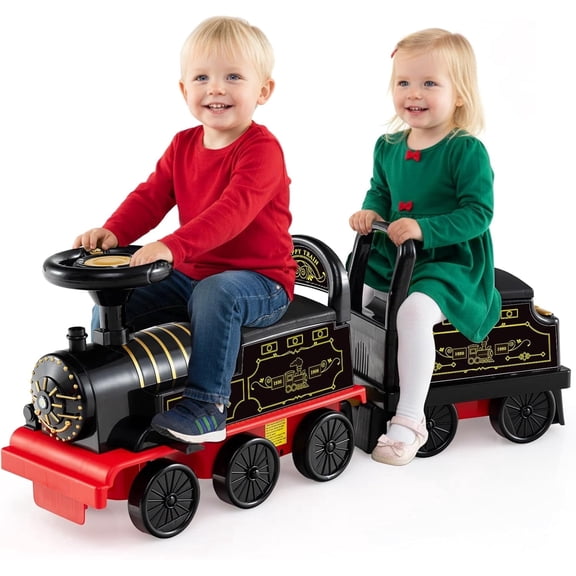 OLAKIDS 6V 2-Seater Ride on Train with Carriage, Storage, Train Whistle, Music, Lights for 18 Months+