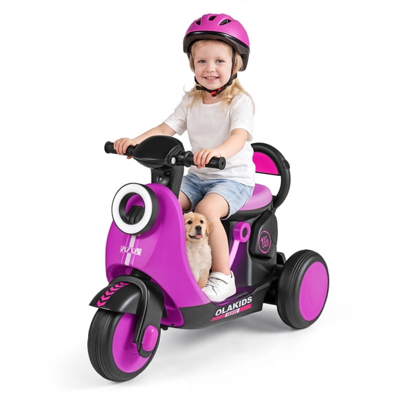 OLAKIDS 6V Electric Motorcycle for Kids 3-Wheel Toddler Ride on Toys with Music Player, LED Headlight and Body Light, Suitable for Age 3 Years Old