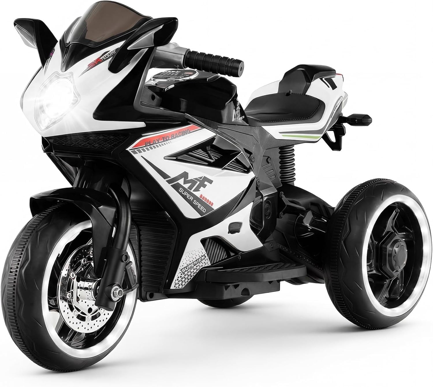 OLAKIDS 6V Kids Motorcycle with Forward & Reverse Switch, Headlight, Wheel Lights, Horn, Music, USB Port, 3-Wheel Ride on Toy for Toddler Aged 3+