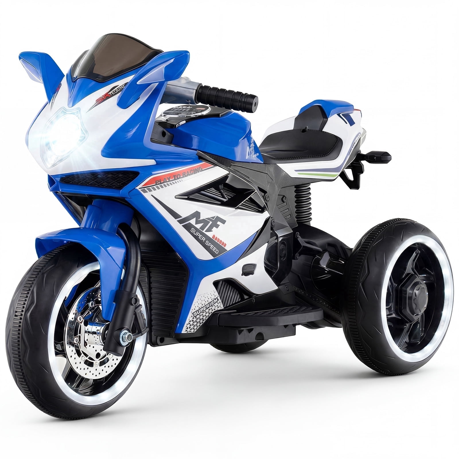 OLAKIDS 6V Kids Motorcycle with Forward & Reverse Switch, Headlight, Wheel Lights, Horn, Music, USB Port, 3-Wheel Ride on Toy for Toddler Aged 3+