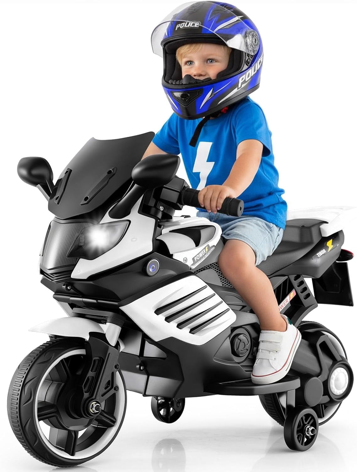OLAKIDS 6V Kids Motorcycle with Training Wheels, Horn, Music, Headlight for Boys Girls Aged 3+ Years