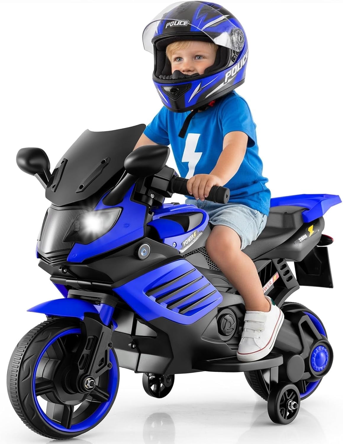OLAKIDS 6V Kids Motorcycle with Training Wheels, Horn, Music, Headlight for Boys Girls Aged 3+ Years